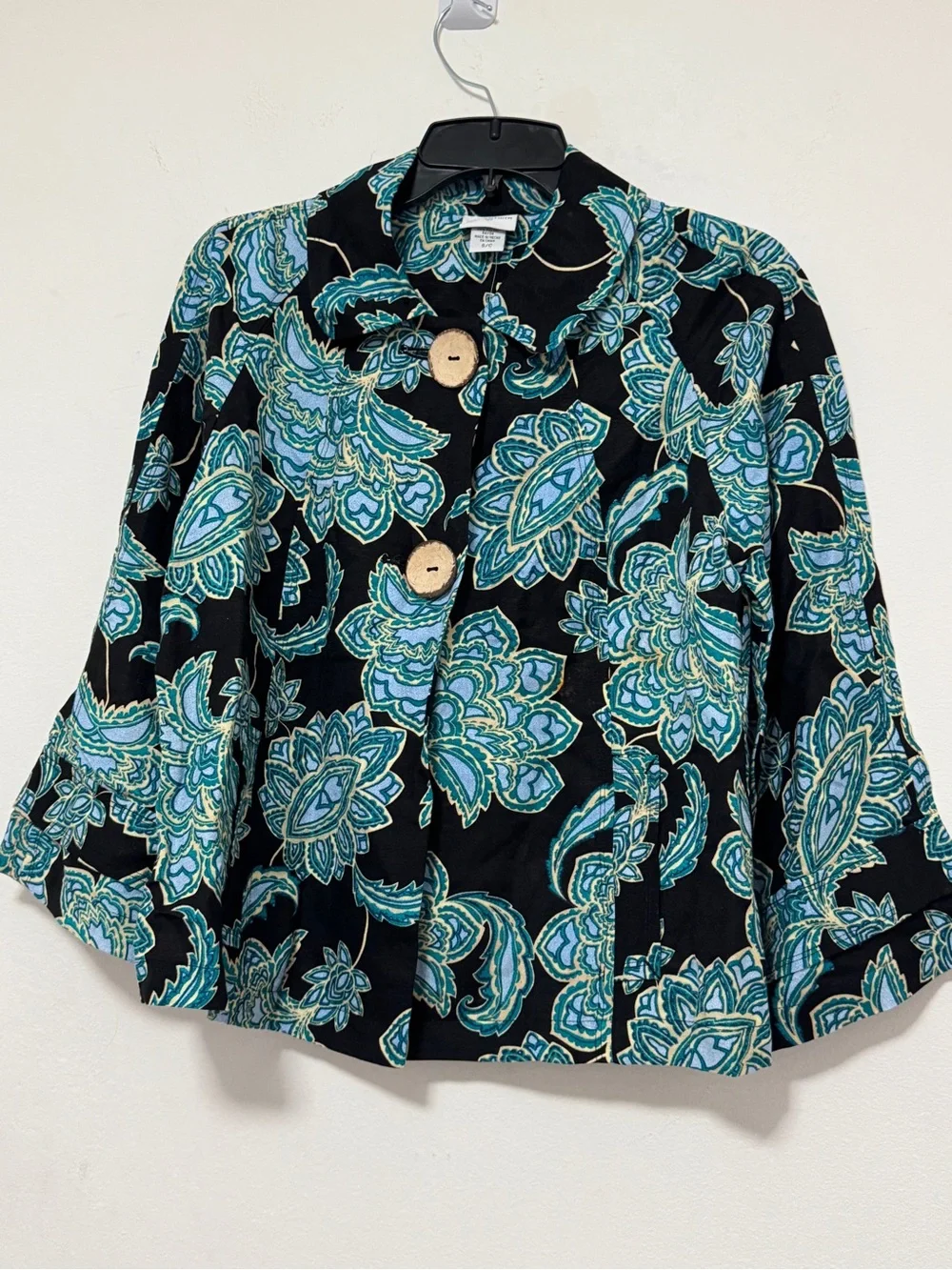 Jaclyn Smith Paisley Linen Blend Blouse Blue Black 3/4 Sleeve Women’s Pocket (S)